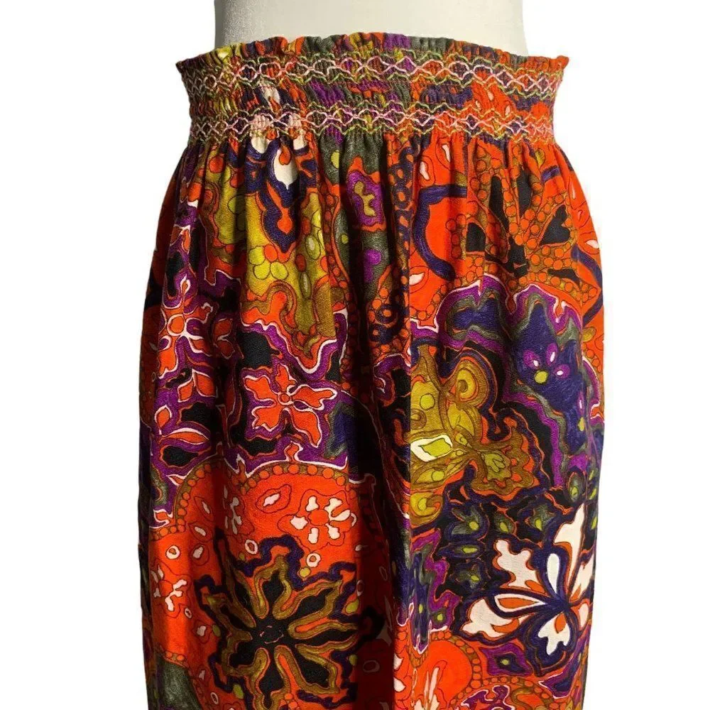Vintage 70s Psychedelic Hawaiian Maxi Skirt M Orange Floral Barkcloth